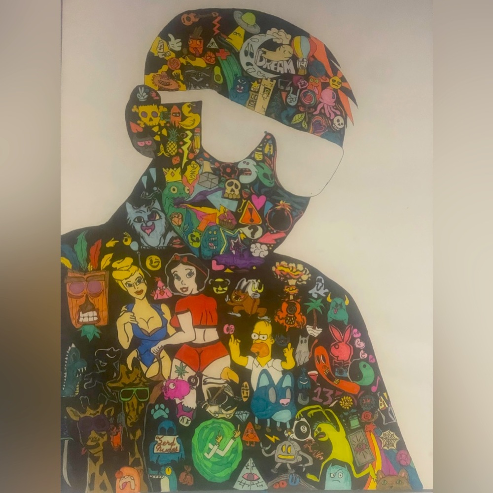 Hand made drawn picture of abstract doodles inside silhouette.